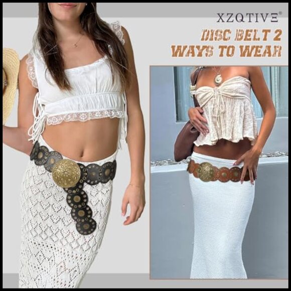Adjustable Western Belt with Concho Discs, Soft PU Leather, Vintage Wide Design main image 6